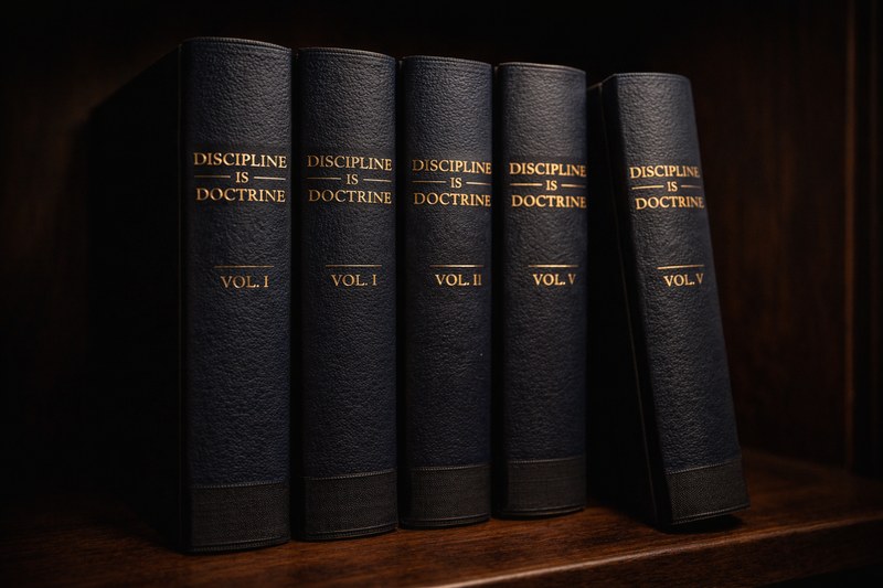 Leather-bound Doctrine volumes on shelf