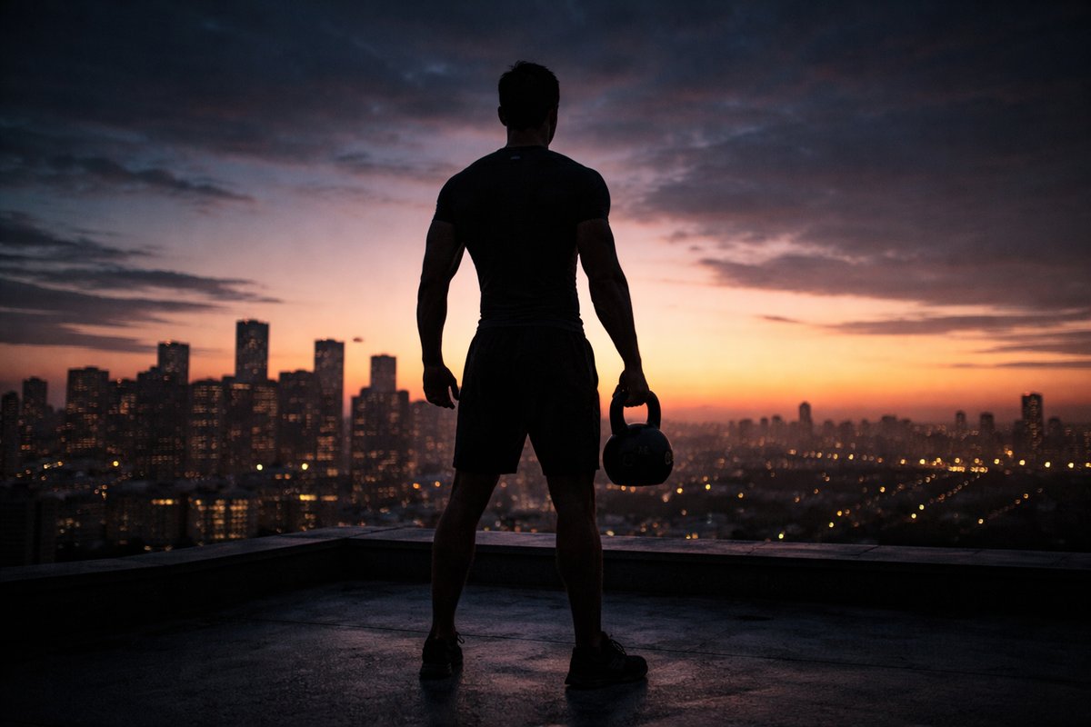 Silhouette with kettlebell over cityscape