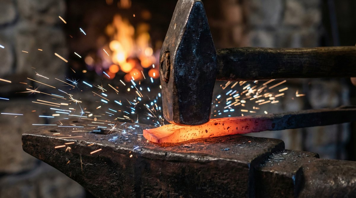 Hammer striking anvil with sparks