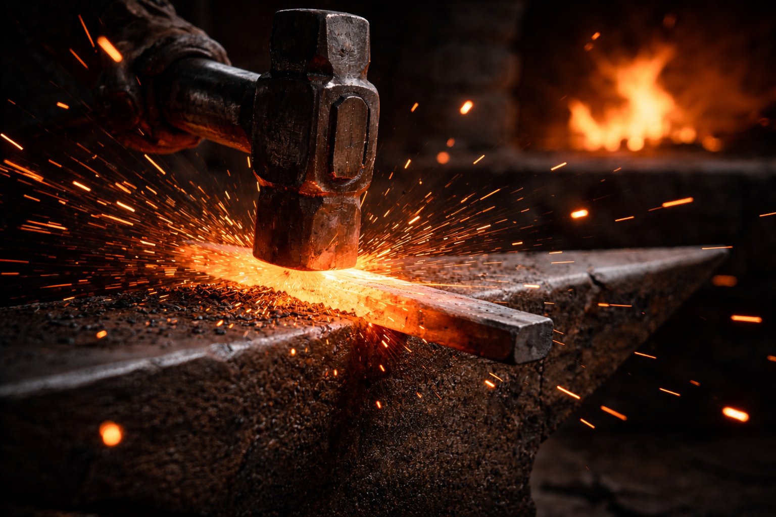 Hammer striking hot metal at the forge