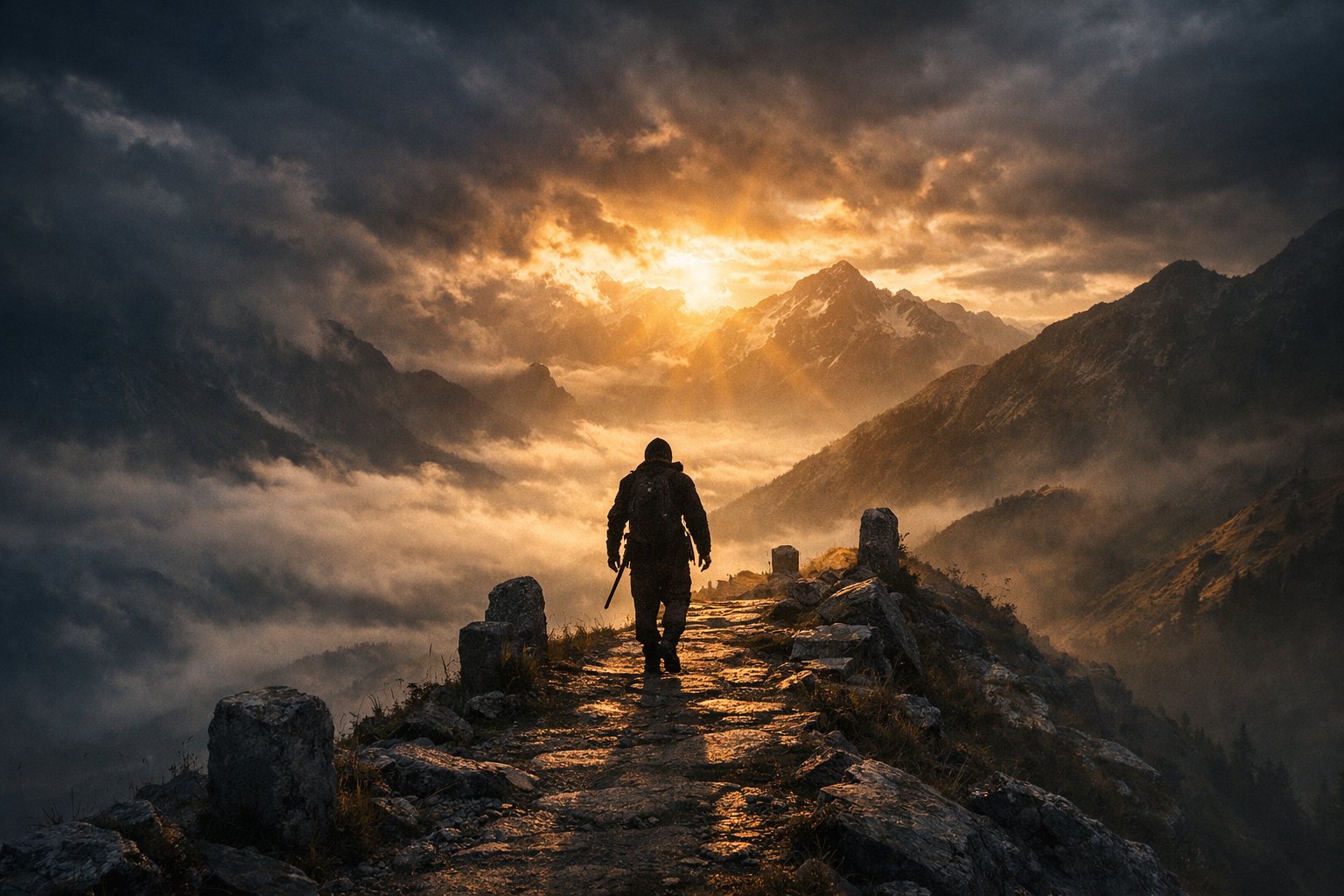 Figure ascending stone path at dawn