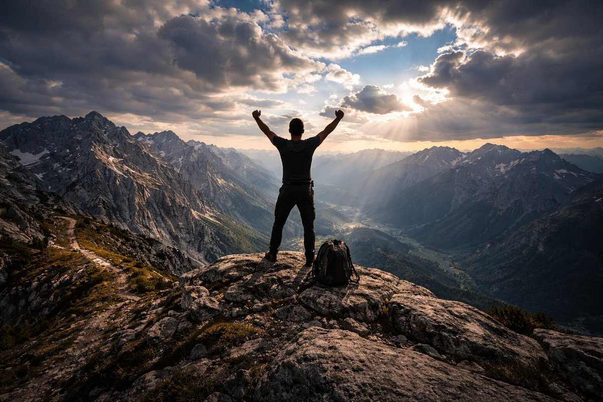 Figure with arms raised on mountain summit