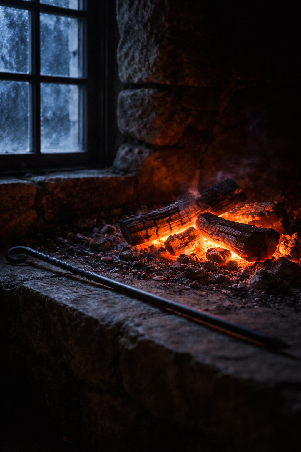 Banked embers in a stone hearth