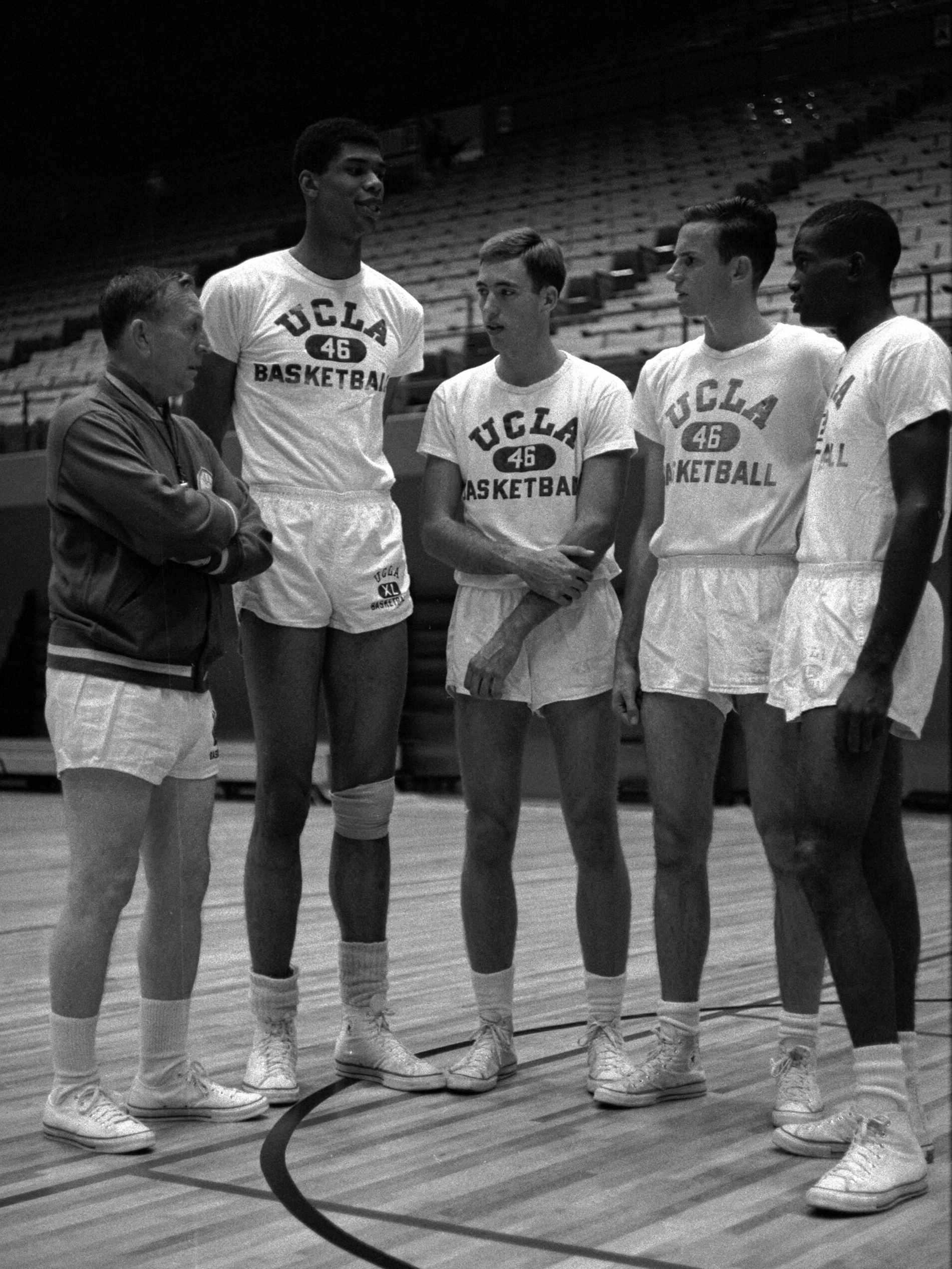 John Wooden with Lew Alcindor (Kareem Abdul-Jabbar) and UCLA recruits, 1965 &mdash; mentoring the next generation
